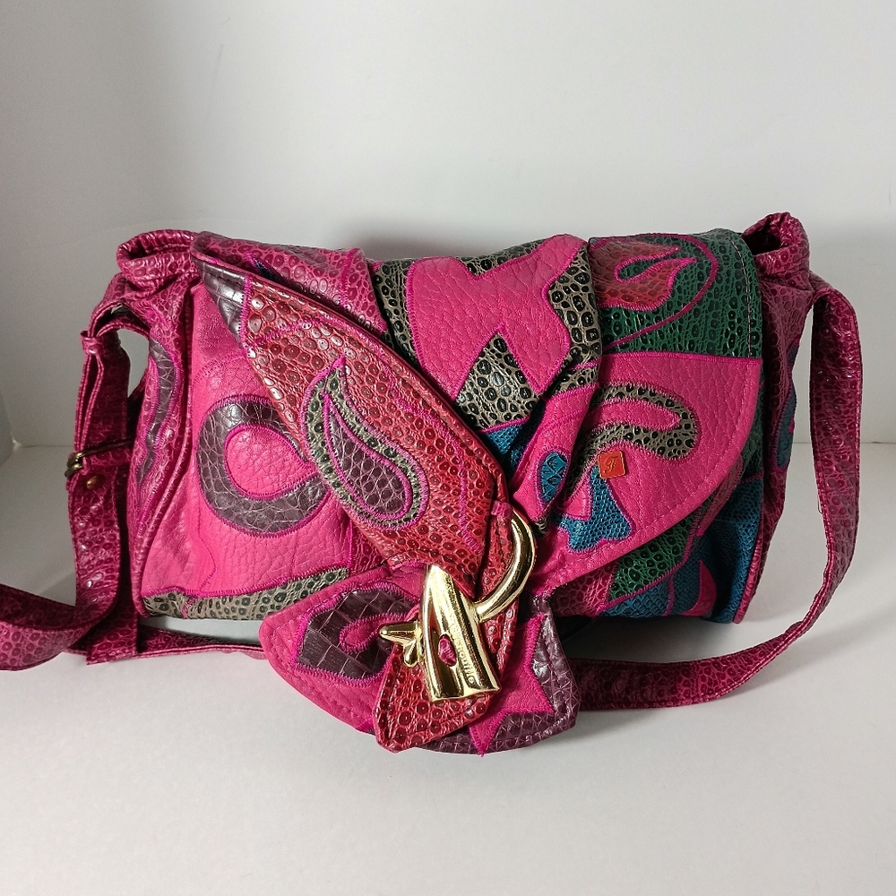 Vintage 1980s Grenouille French Handmade Multi Color Leather Designer Bag